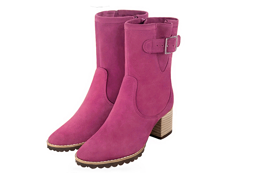 Fuschia pink women's ankle boots with buckles on the sides. Round toe. Medium block heels. Front view - Florence KOOIJMAN